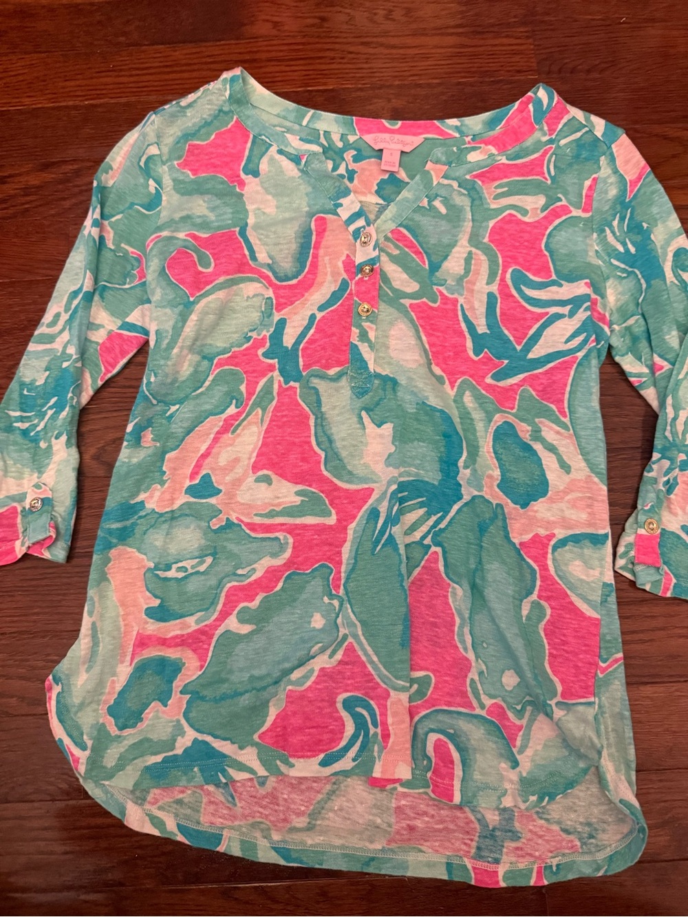 Lilly Pulitzer Pink & Teal Abstract Henley Long Sleeve Top